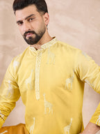 Men Yellow Silk Blend Ethnic Motifs Embroidered Straight Kurta With Trouser-MKSET1812