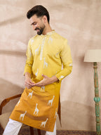 Men Yellow Silk Blend Ethnic Motifs Embroidered Straight Kurta With Trouser-MKSET1812