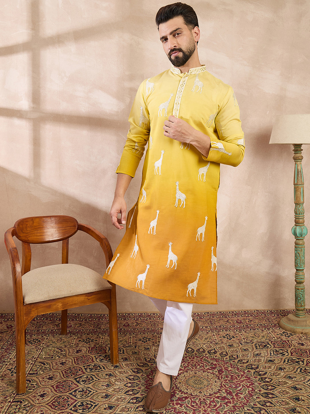 Men Yellow Silk Blend Ethnic Motifs Embroidered Straight Kurta With Trouser-MKSET1812