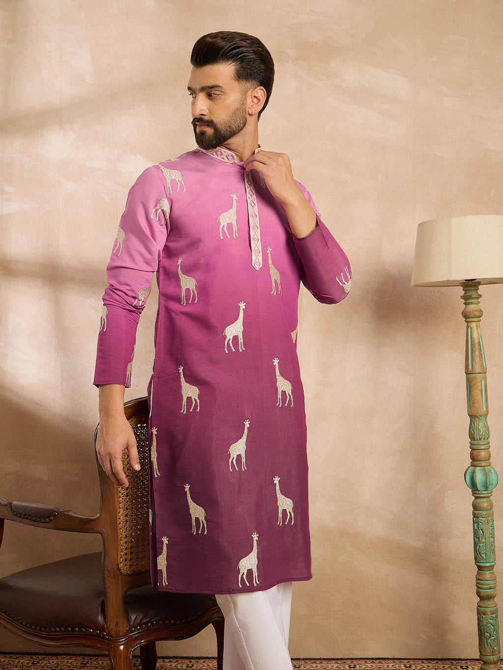 Men Purple Silk Blend Ombre Embroidered Straight Kurta Sets-MKSET1813