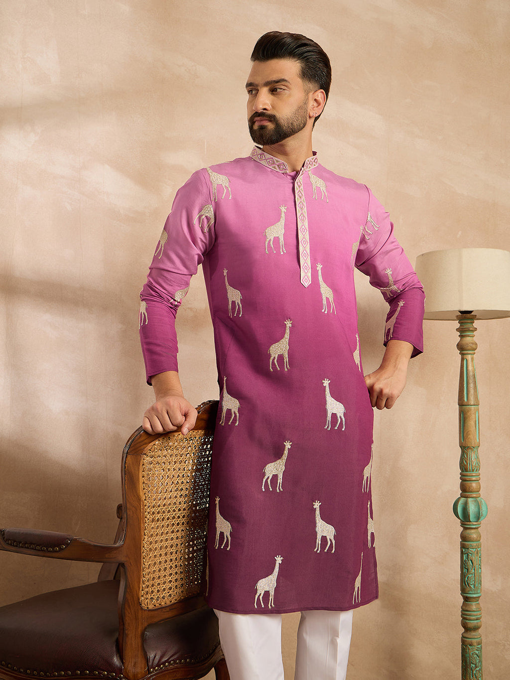 Men Purple Silk Blend Ombre Embroidered Straight Kurta Sets-MKSET1813