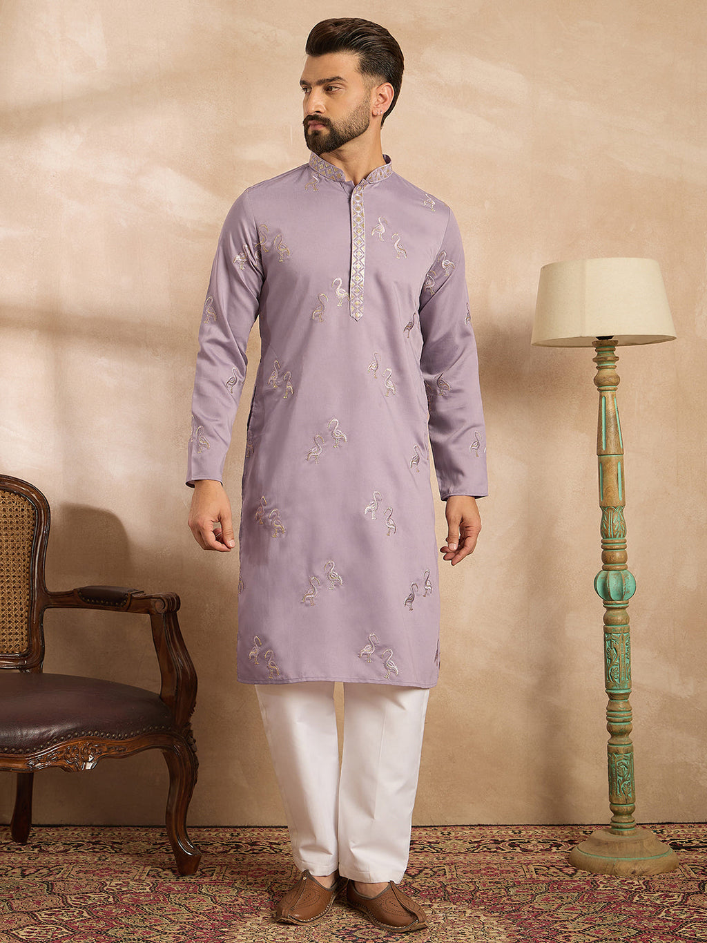 Men Lavender Silk Blend Solid Embroidered Straight Kurta Sets-MKSET1815