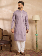 Men Lavender Silk Blend Solid Embroidered Straight Kurta Sets-MKSET1815
