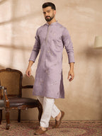 Men Lavender Silk Blend Solid Embroidered Straight Kurta Sets-MKSET1815