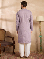 Men Lavender Silk Blend Solid Embroidered Straight Kurta Sets-MKSET1815