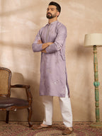 Men Lavender Silk Blend Solid Embroidered Straight Kurta Sets-MKSET1815
