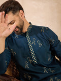 Men Navy Blue Silk Blend Solid Embroidered Straight Kurta Sets-MKSET1816