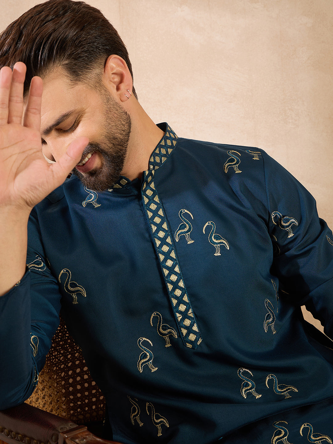 Men Navy Blue Silk Blend Solid Embroidered Straight Kurta Sets-MKSET1816