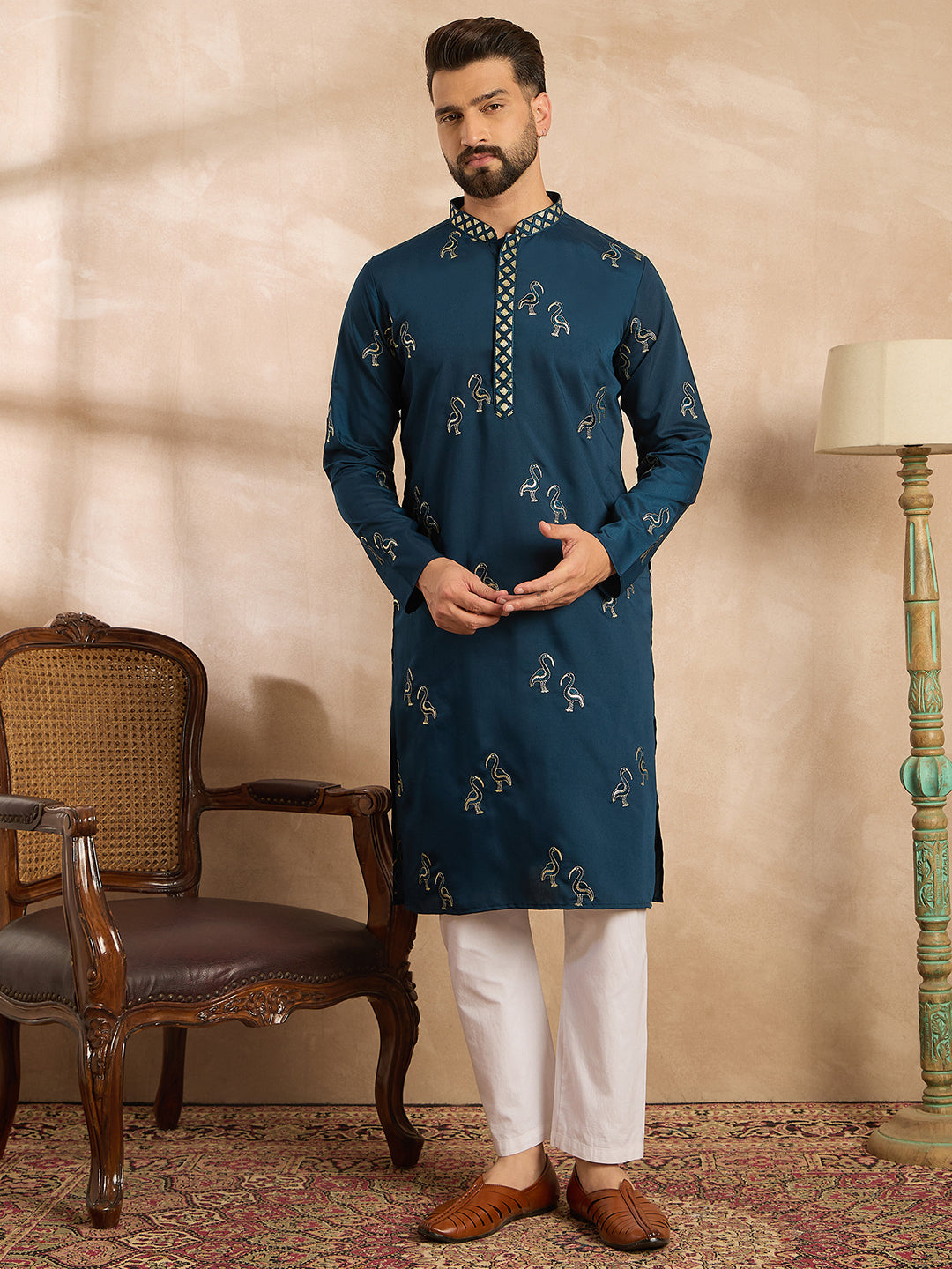 Men Navy Blue Silk Blend Solid Embroidered Straight Kurta Sets-MKSET1816