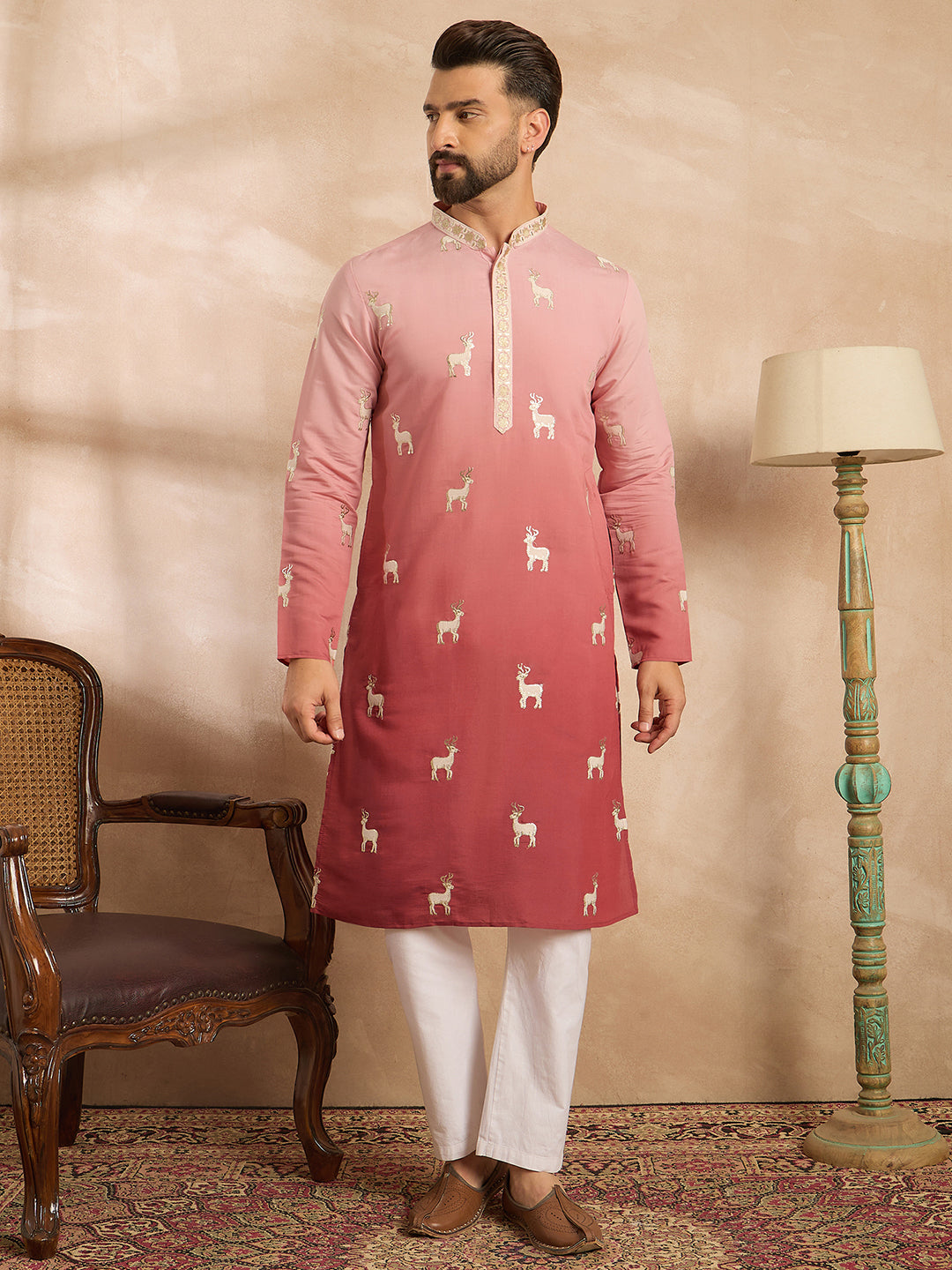 Men Red Silk Blend Ombre Embroidered Straight Kurta Sets-MKSET1818