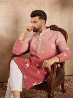 Men Red Silk Blend Ombre Embroidered Straight Kurta Sets-MKSET1818