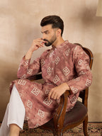 Men Brown Cotton Solid Embroidered Straight Kurta Sets-MKSET1825