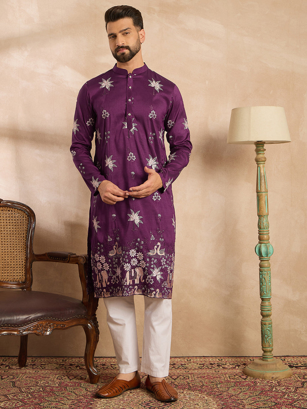 Men Purple Polyester Solid Embroidered Straight Kurta Sets-MKSET1834