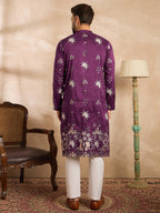 Men Purple Polyester Solid Embroidered Straight Kurta Sets-MKSET1834