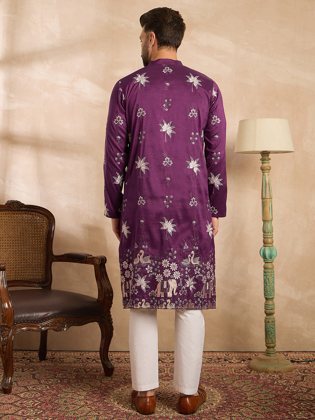 Men Purple Polyester Solid Embroidered Straight Kurta Sets-MKSET1834