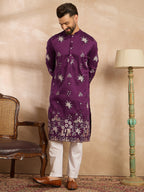 Men Purple Polyester Solid Embroidered Straight Kurta Sets-MKSET1834