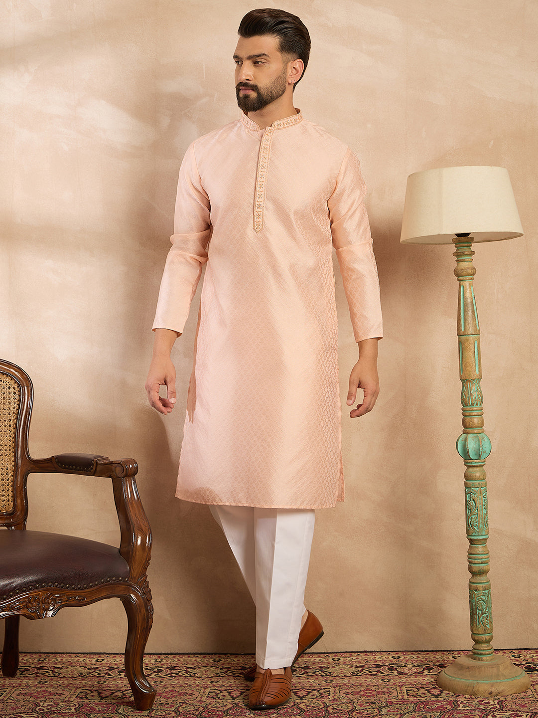 Men Peach Polyester Solid Embroidered Straight Kurta Sets-MKSET1836
