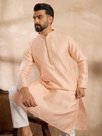 Men Peach Polyester Solid Embroidered Straight Kurta Sets-MKSET1836