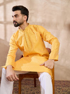 Men Yellow Silk Blend Solid Embroidered Straight Kurta With Trouser-MKSET1837