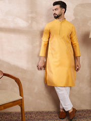 Men Yellow Silk Blend Solid Embroidered Straight Kurta With Trouser-MKSET1837