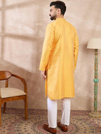 Men Yellow Silk Blend Solid Embroidered Straight Kurta With Trouser-MKSET1837