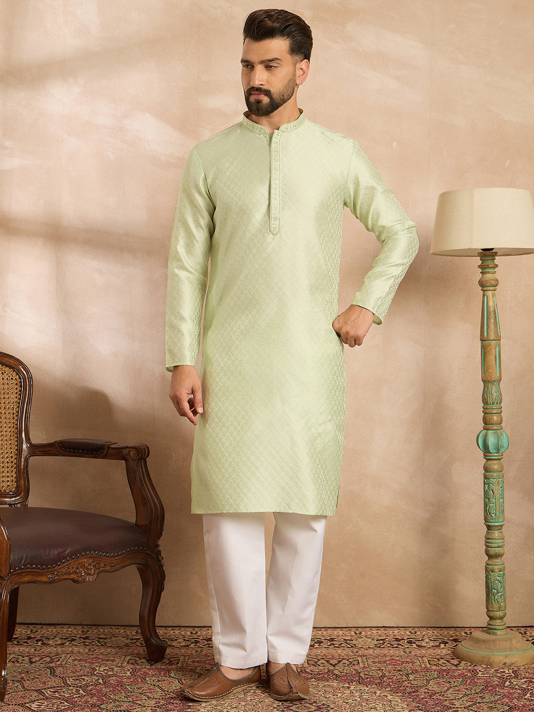 Men Teal Polyester Solid Embroidered Straight Kurta Sets-MKSET1839