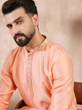 Men Peach Silk Blend Solid Embroidered Straight Kurta With Trouser-MKSET1840