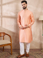 Men Peach Silk Blend Solid Embroidered Straight Kurta With Trouser-MKSET1840