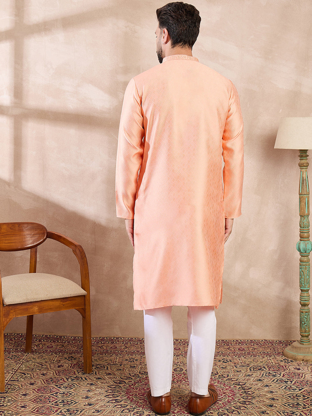Men Peach Silk Blend Solid Embroidered Straight Kurta With Trouser-MKSET1840