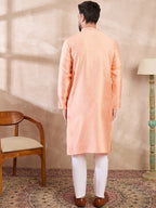 Men Peach Silk Blend Solid Embroidered Straight Kurta With Trouser-MKSET1840