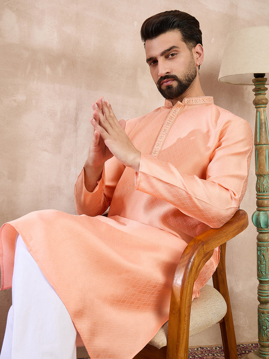 Men Peach Silk Blend Solid Embroidered Straight Kurta With Trouser-MKSET1840
