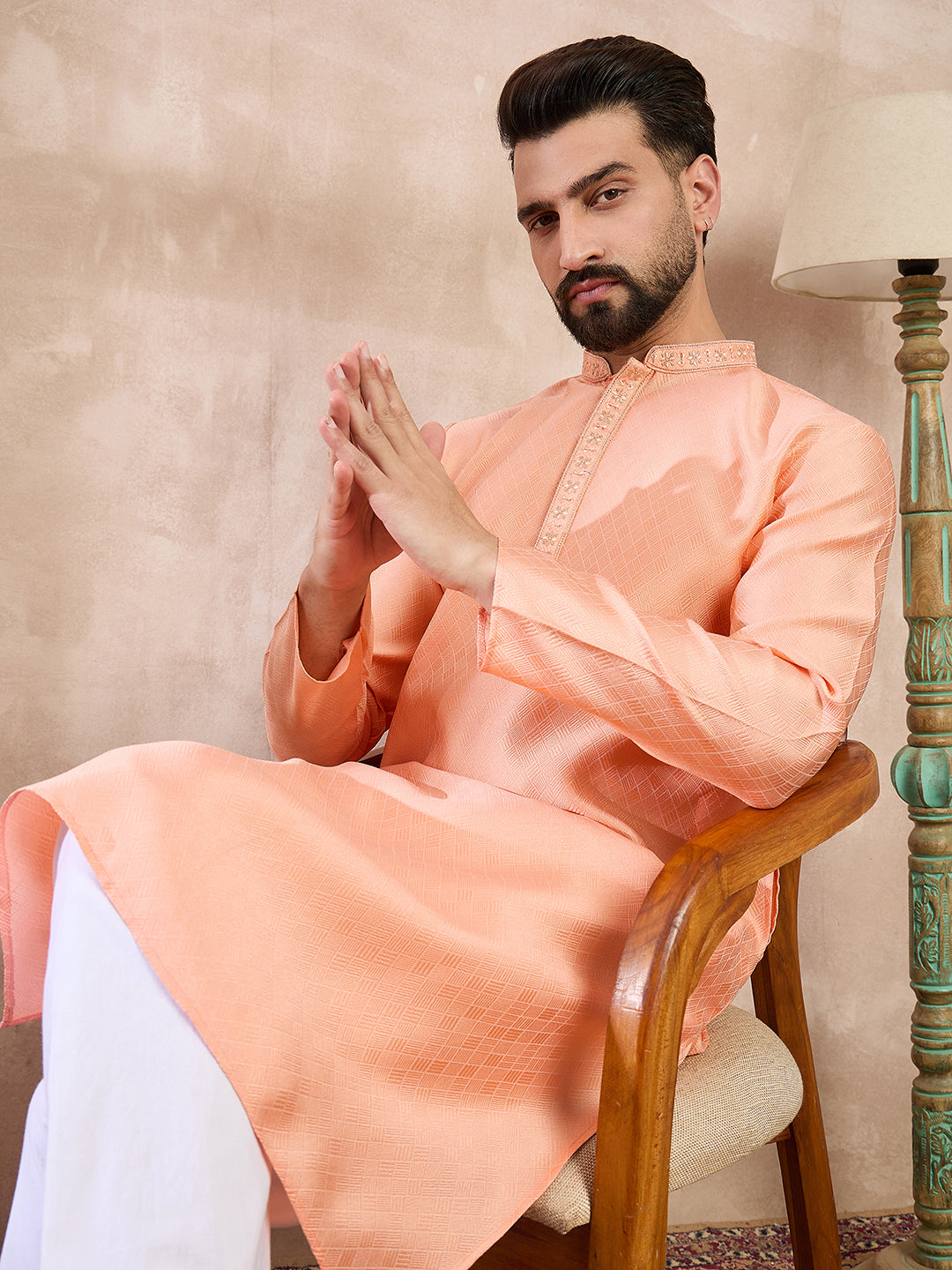 Men Peach Silk Blend Solid Embroidered Straight Kurta With Trouser-MKSET1840