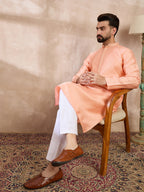 Men Peach Silk Blend Solid Embroidered Straight Kurta With Trouser-MKSET1840