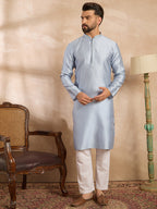 Men Blue Polyester Solid Embroidered Straight Kurta Sets-MKSET1841