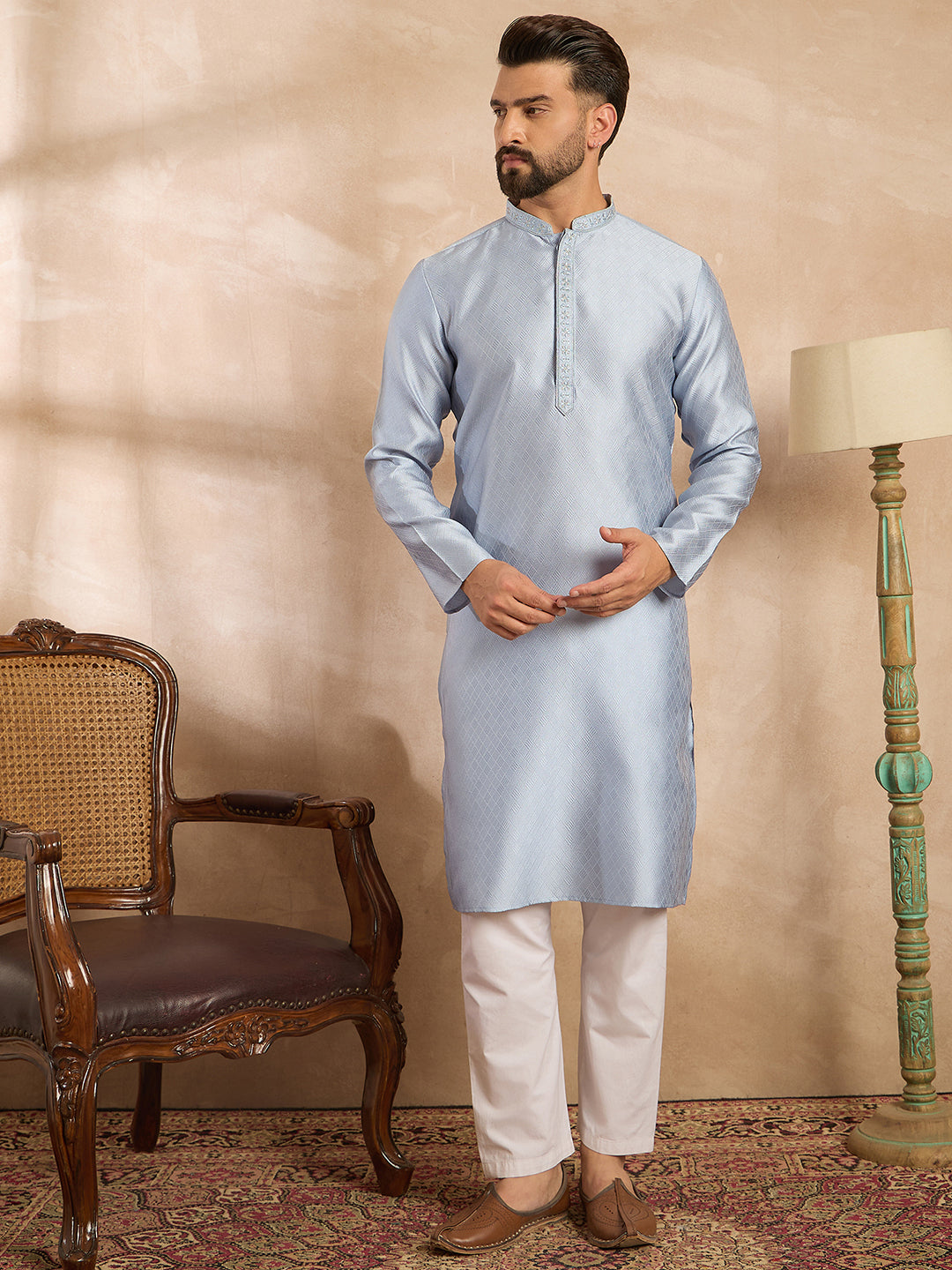 Men Blue Polyester Solid Embroidered Straight Kurta Sets-MKSET1841