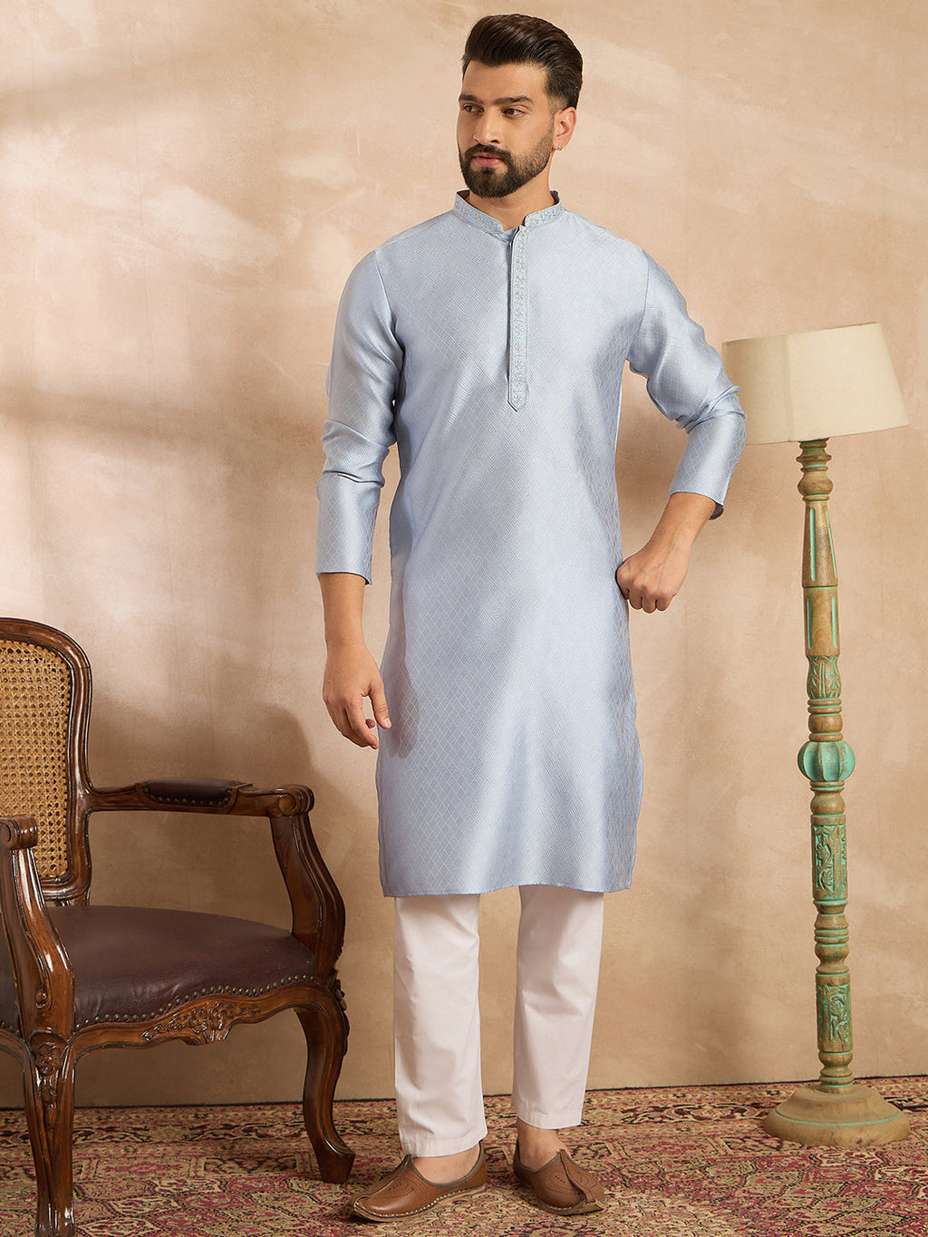 Men Blue Polyester Solid Embroidered Straight Kurta Sets-MKSET1841