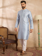 Men Blue Polyester Solid Embroidered Straight Kurta Sets-MKSET1841