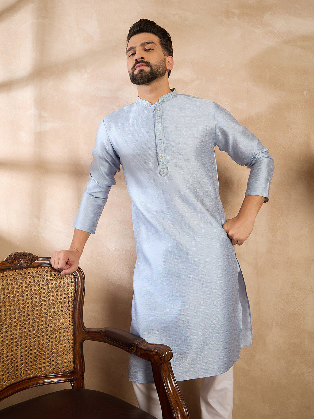 Men Blue Polyester Solid Embroidered Straight Kurta Sets-MKSET1841