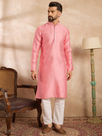 Men Pink Polyester Solid Embroidered Straight Kurta Sets-MKSET1842