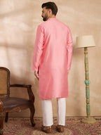 Men Pink Polyester Solid Embroidered Straight Kurta Sets-MKSET1842