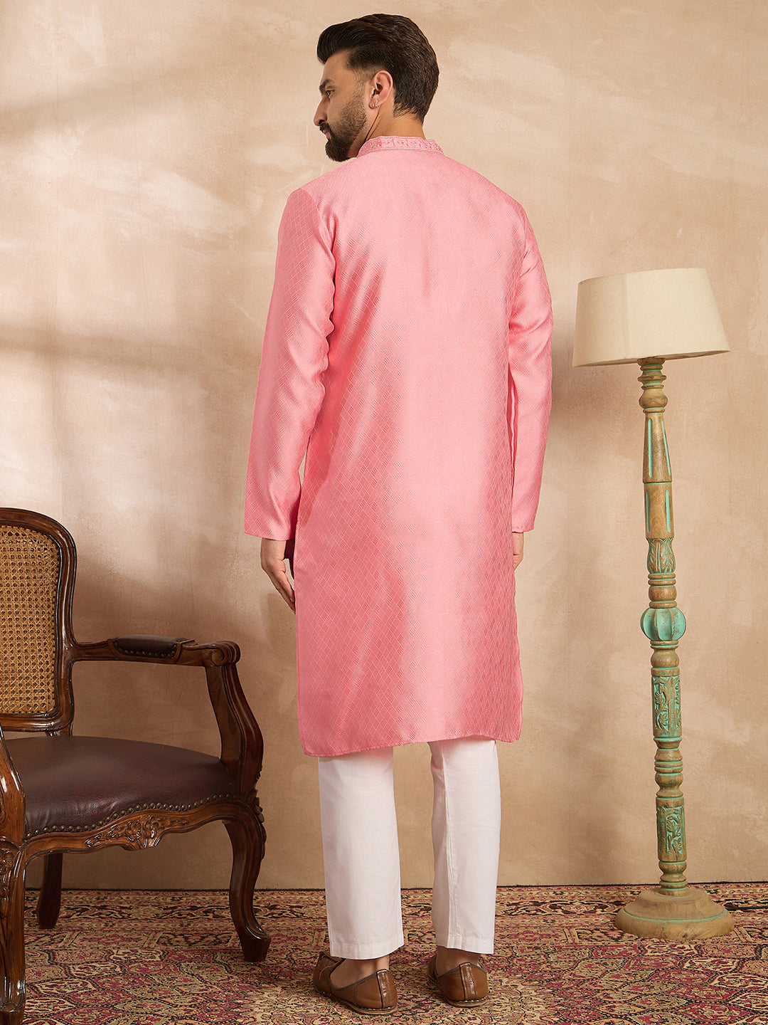 Men Pink Polyester Solid Embroidered Straight Kurta Sets-MKSET1842