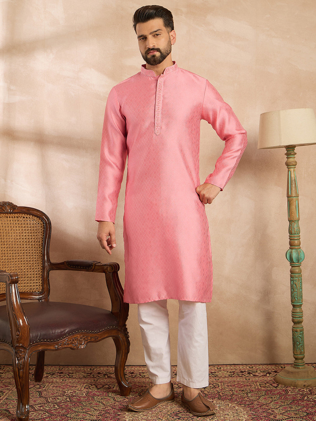 Men Pink Polyester Solid Embroidered Straight Kurta Sets-MKSET1842