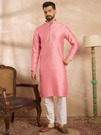 Men Pink Polyester Solid Embroidered Straight Kurta Sets-MKSET1842