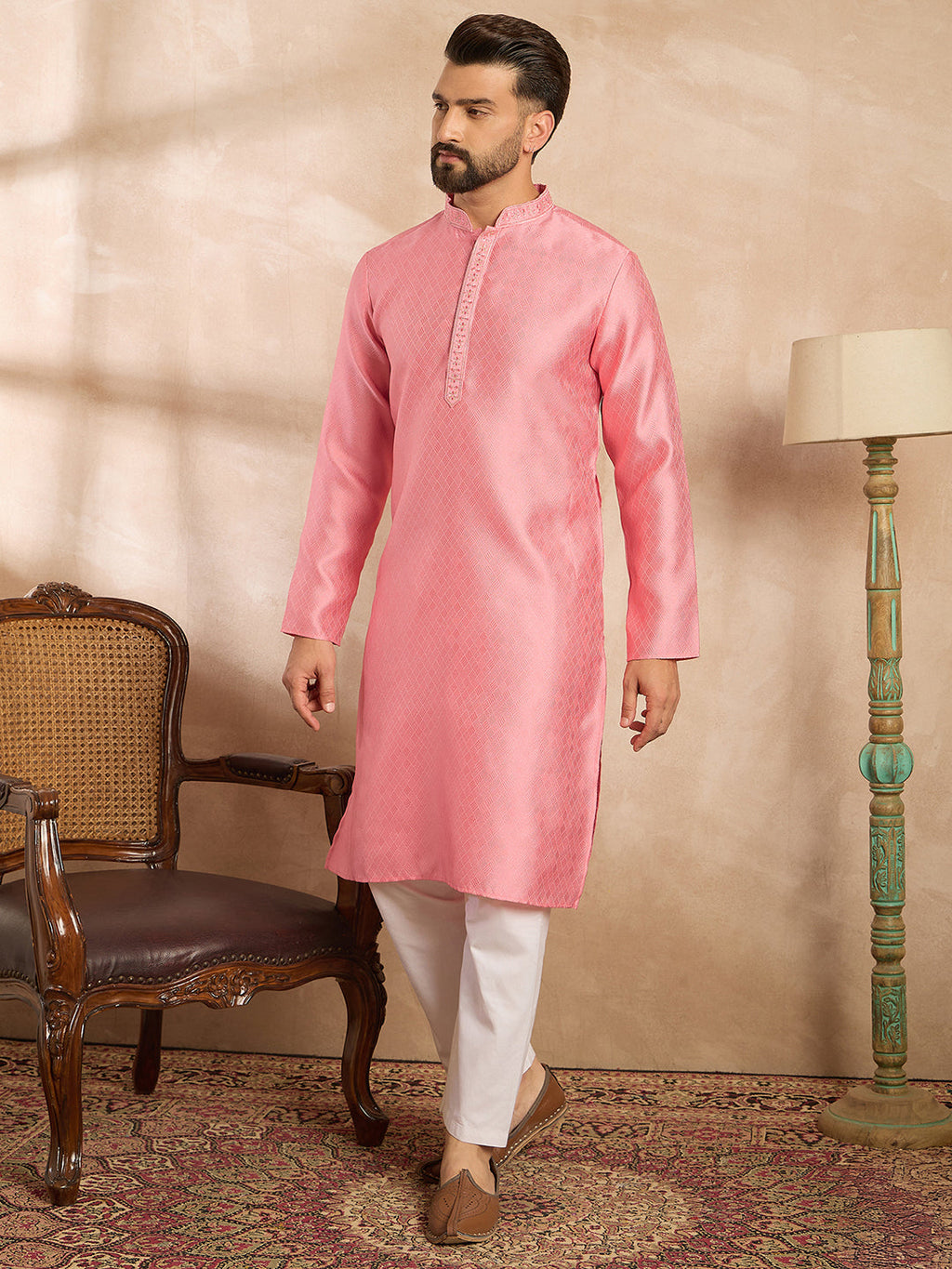 Men Pink Polyester Solid Embroidered Straight Kurta Sets-MKSET1842