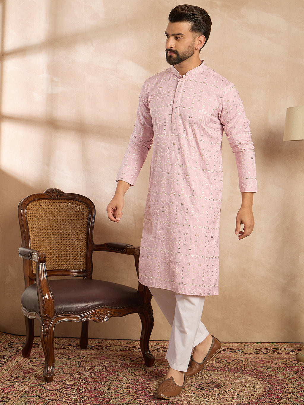 Men Pink Viscose Rayon Solid Embroidered Straight Kurta Sets-MKSET1843