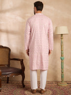 Men Pink Viscose Rayon Solid Embroidered Straight Kurta Sets-MKSET1843