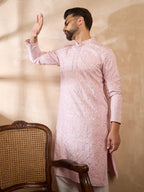 Men Pink Viscose Rayon Solid Embroidered Straight Kurta Sets-MKSET1843