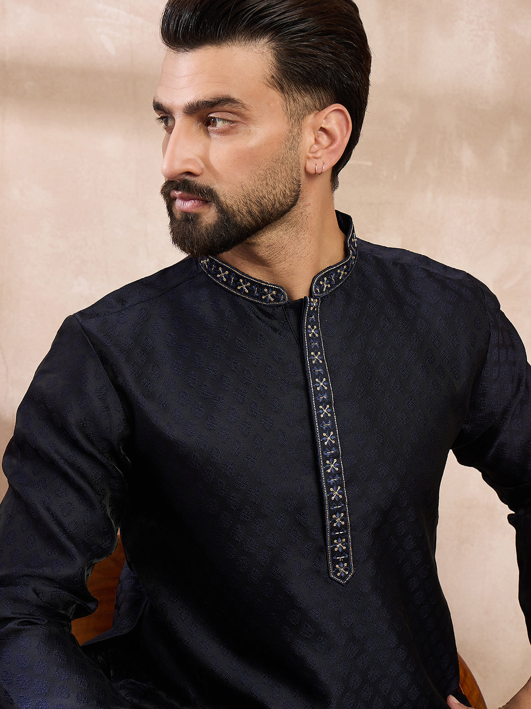 Men Navy Blue Silk Blend Solid Woven Design Straight Kurta With Trouser-MKSET1853