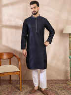 Men Navy Blue Silk Blend Solid Woven Design Straight Kurta With Trouser-MKSET1853