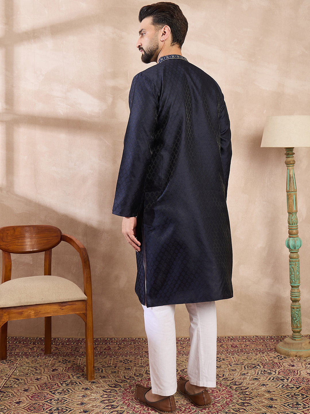 Men Navy Blue Silk Blend Solid Woven Design Straight Kurta With Trouser-MKSET1853